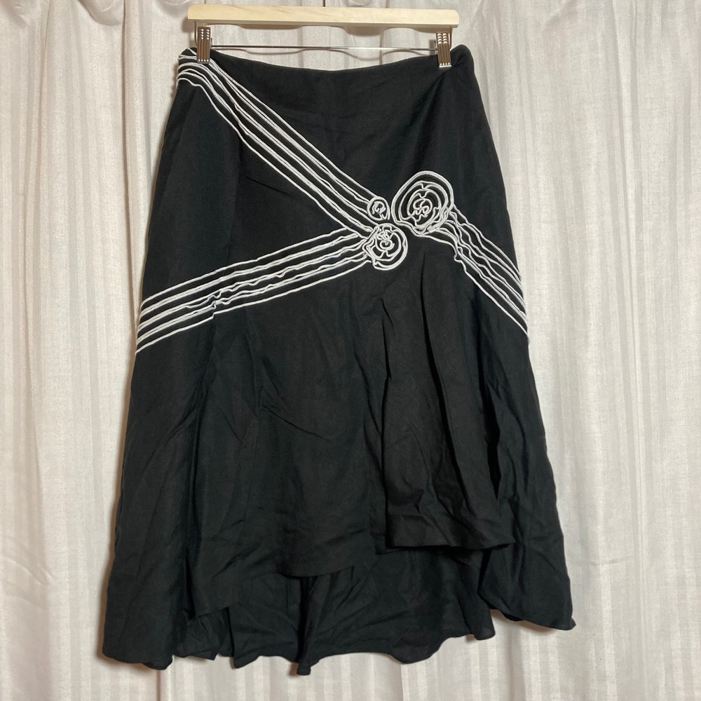 Adrianna Papell Black Linen Blend Soutache Embroidered High Low Midi Skirt 14